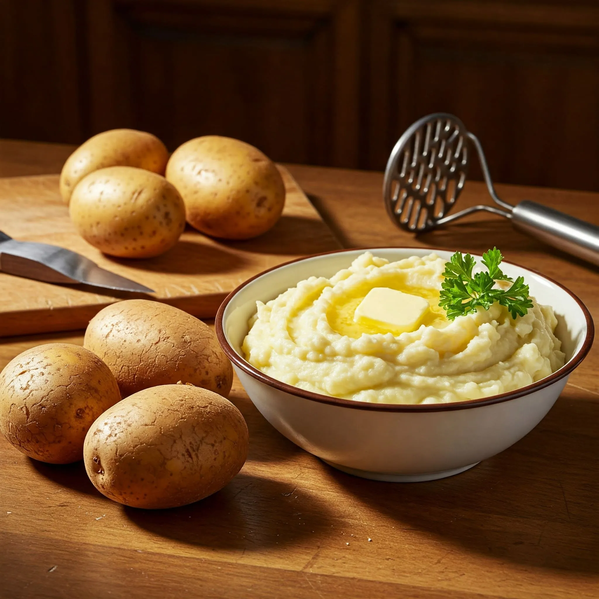 Two types of potatoes, Russet and Yukon Gold, placed side by side on a rustic kitchen counter, with a bowl of creamy mashed potatoes topped with butter and herbs.