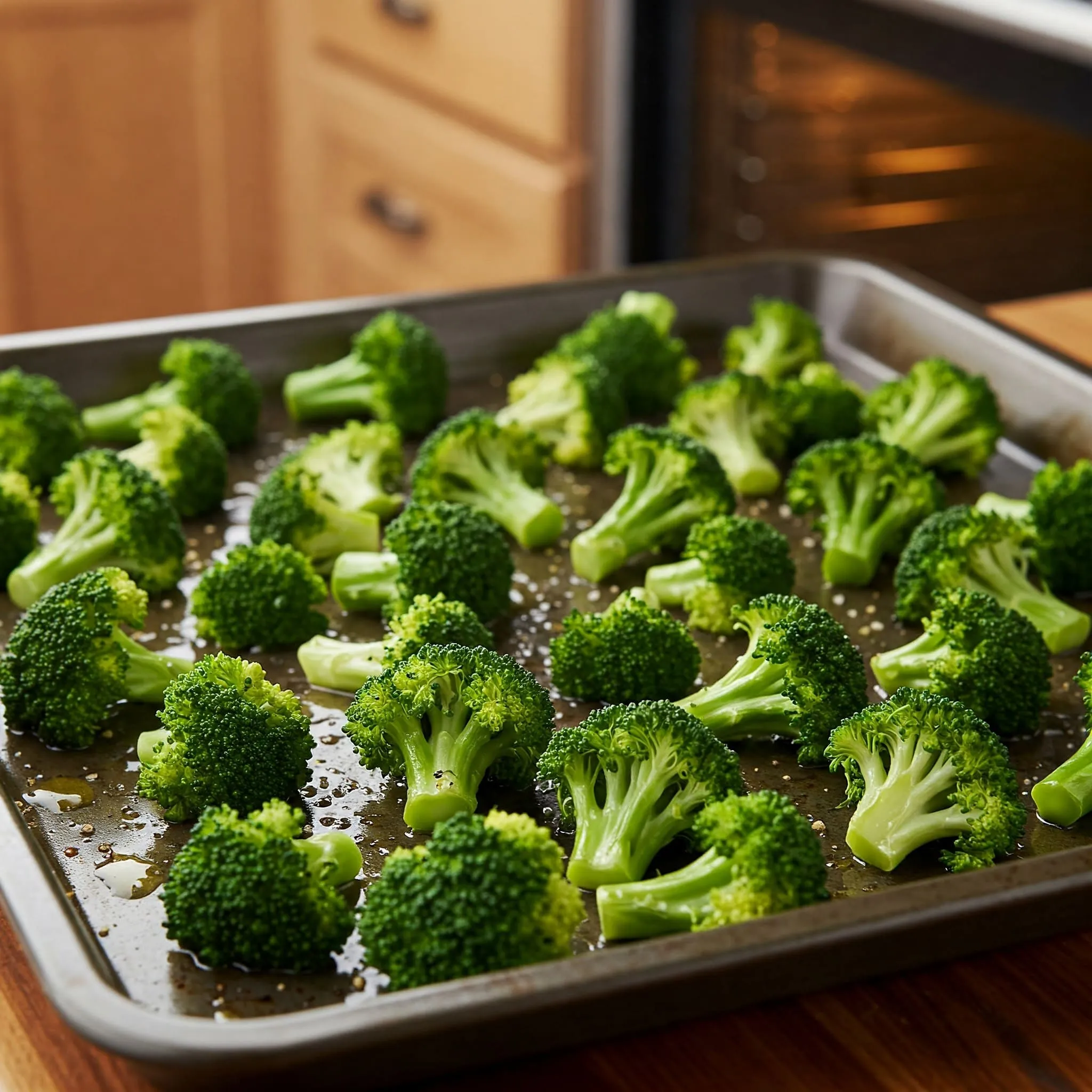 Roasted broccoli florets on a baking sheet, caramelized and golden-brown at the edges, ready to be served.