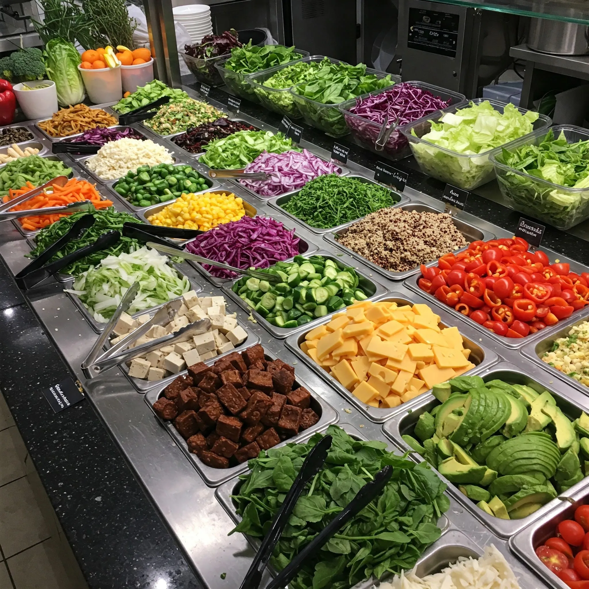 A vibrant salad bar featuring vegan, organic, gluten-free, and keto-friendly options with fresh vegetables, fruits, plant-based proteins, and leafy greens.