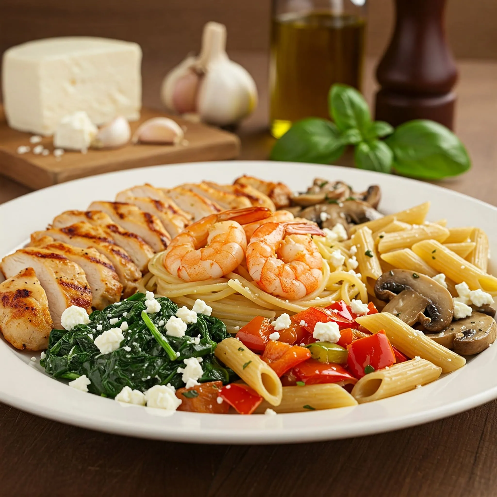 A plate of creamy feta pasta with grilled chicken, shrimp, crispy bacon, spinach, mushrooms, and roasted bell peppers, garnished with fresh herbs.