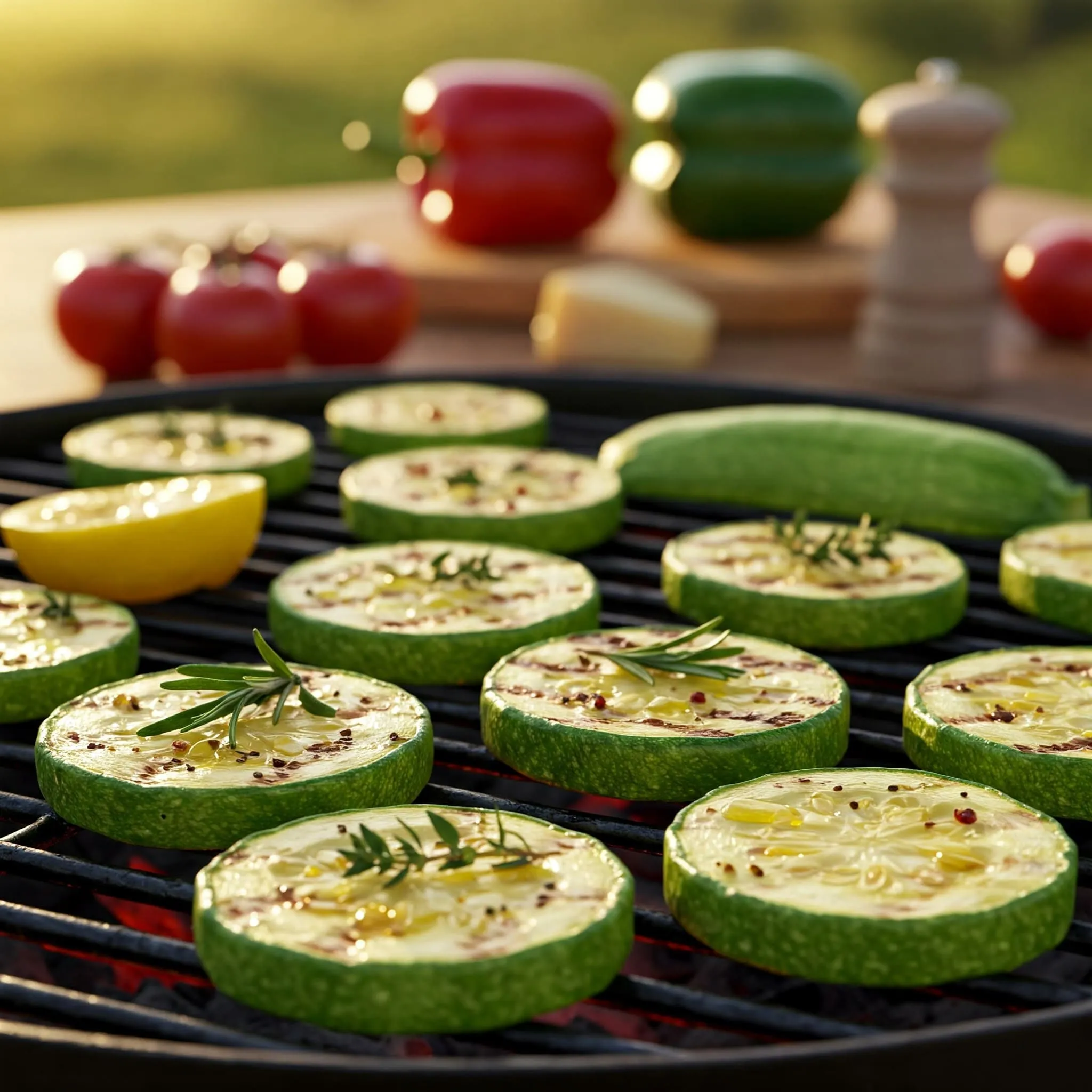 Grilled zucchini slices with golden grill marks, seasoned with olive oil, herbs, and lemon, served on a rustic table.