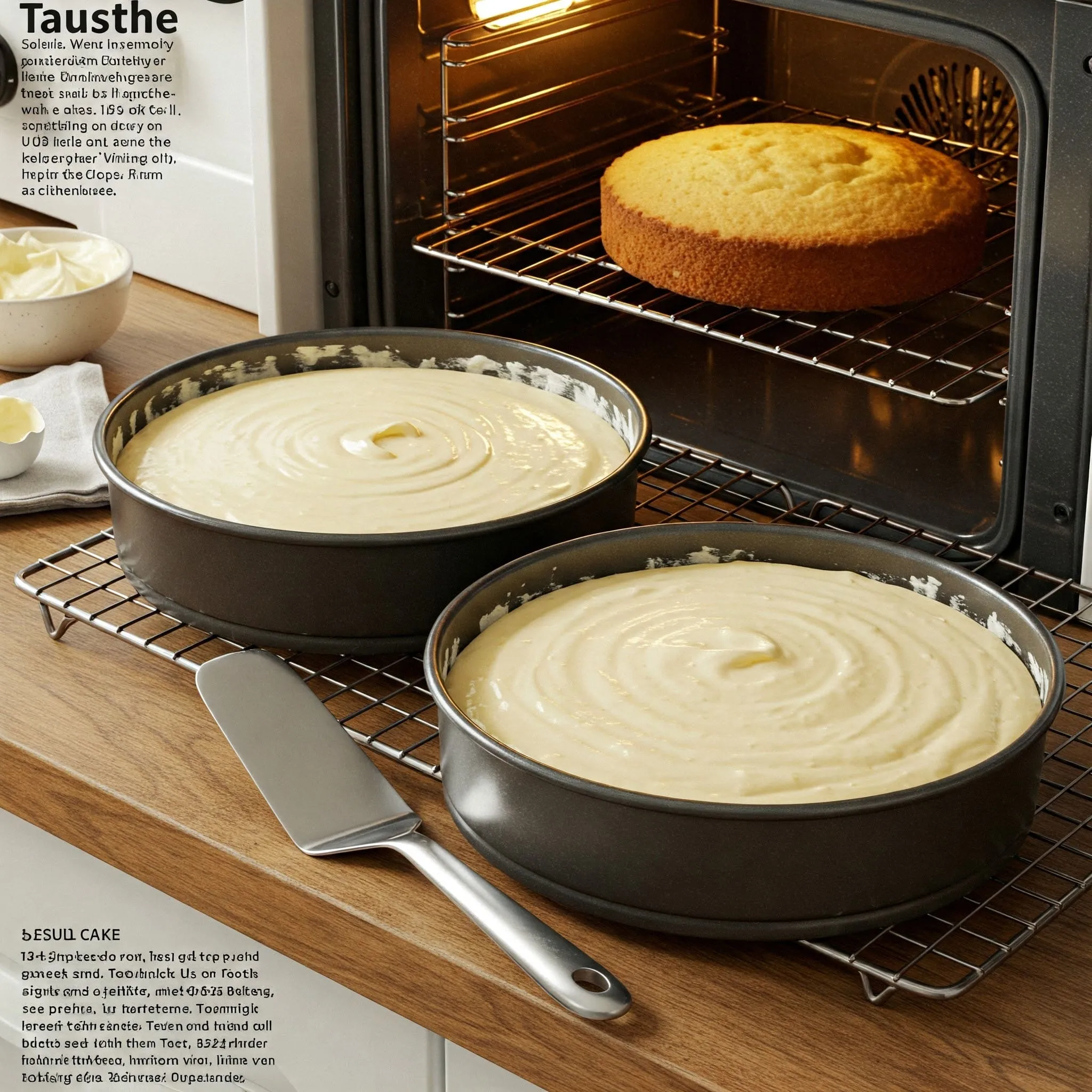 Two cake pans with vanilla cake batter ready for baking, a spatula nearby, and a cooling rack in the background.