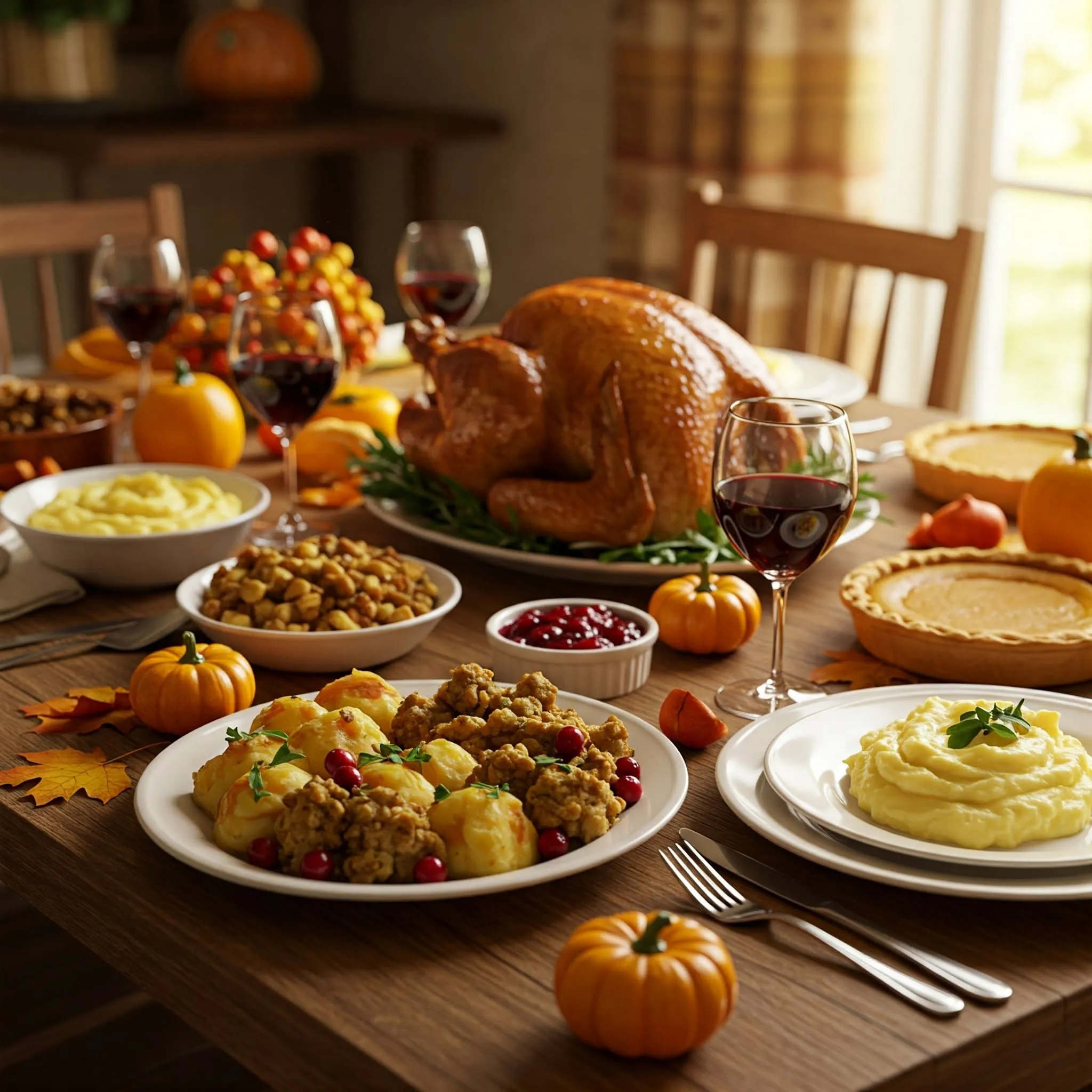 A Thanksgiving dinner with roasted turkey, side dishes, and pumpkin pie.