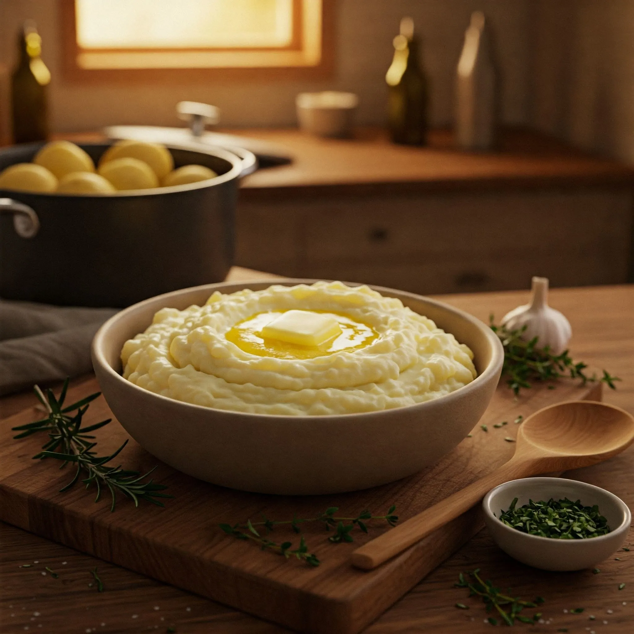 Creamy mashed potatoes with butter and fresh herbs on a rustic wooden table in a cozy kitchen setting.