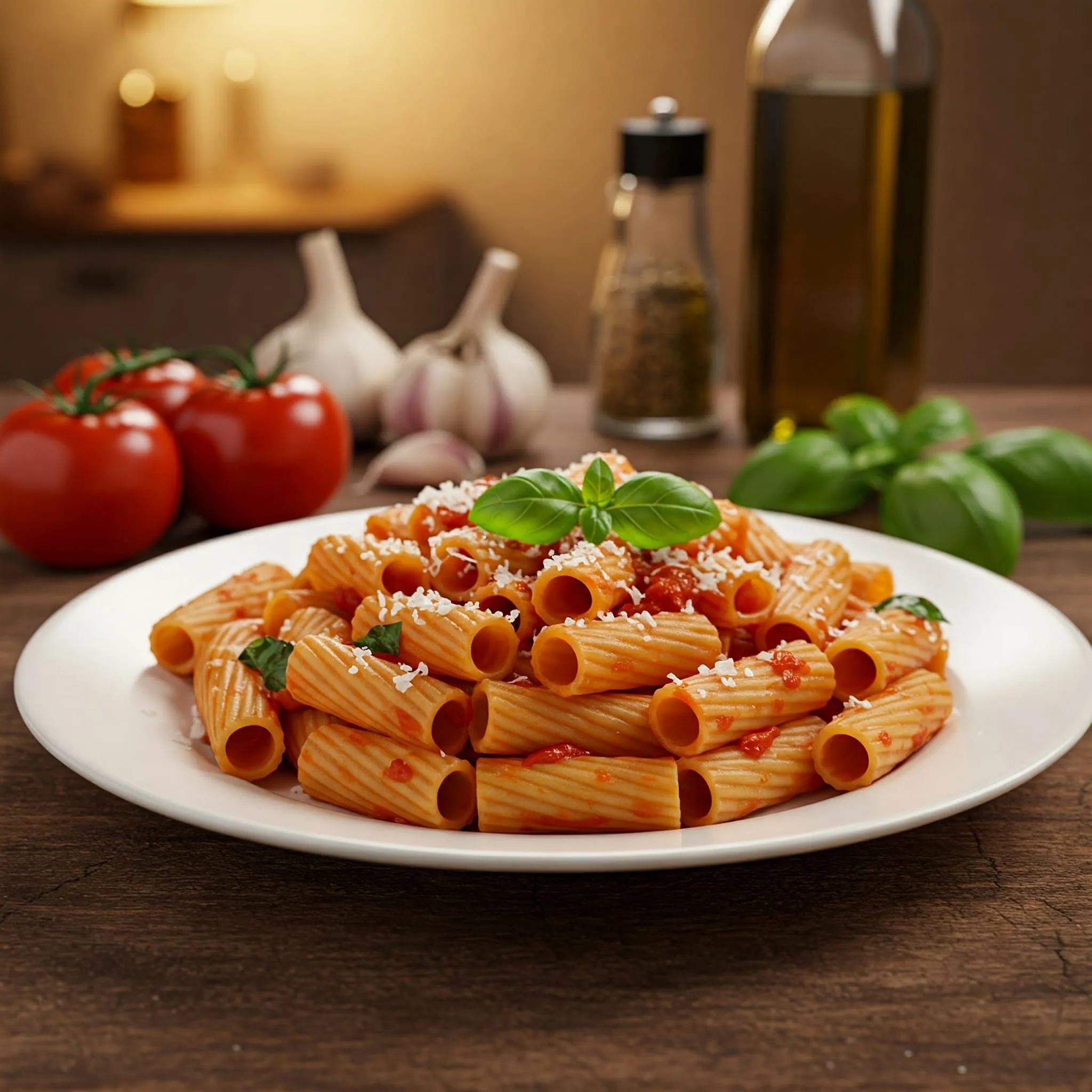 Hearty Rigatoni with Tomato Sauce and Fresh Basil(1)_11zon Plate of rigatoni pasta with tomato sauce, basil, and Parmesan in a cozy kitchen setting.