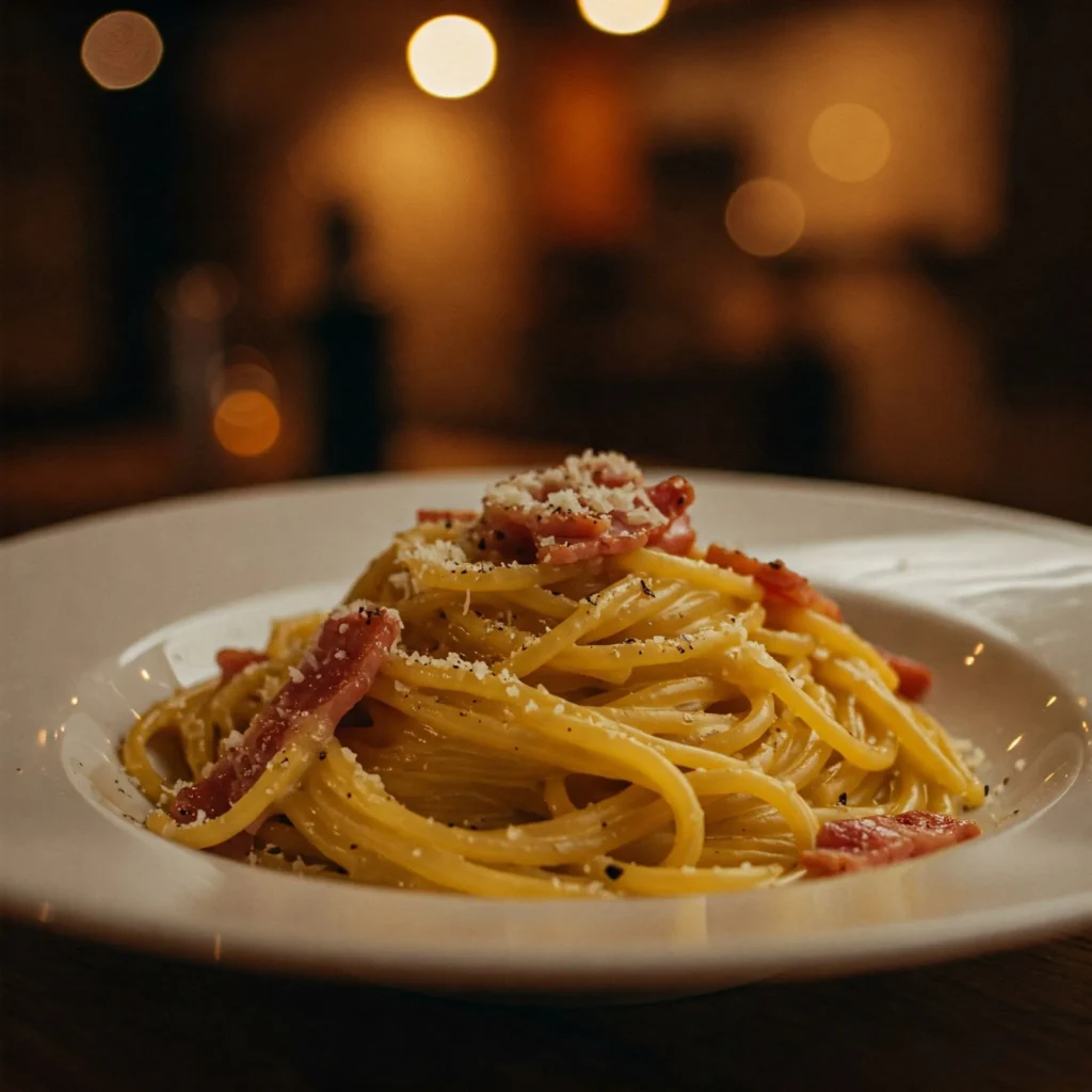 Authentic creamy Carbonara pasta with guanciale, Pecorino Romano, and freshly ground black pepper.