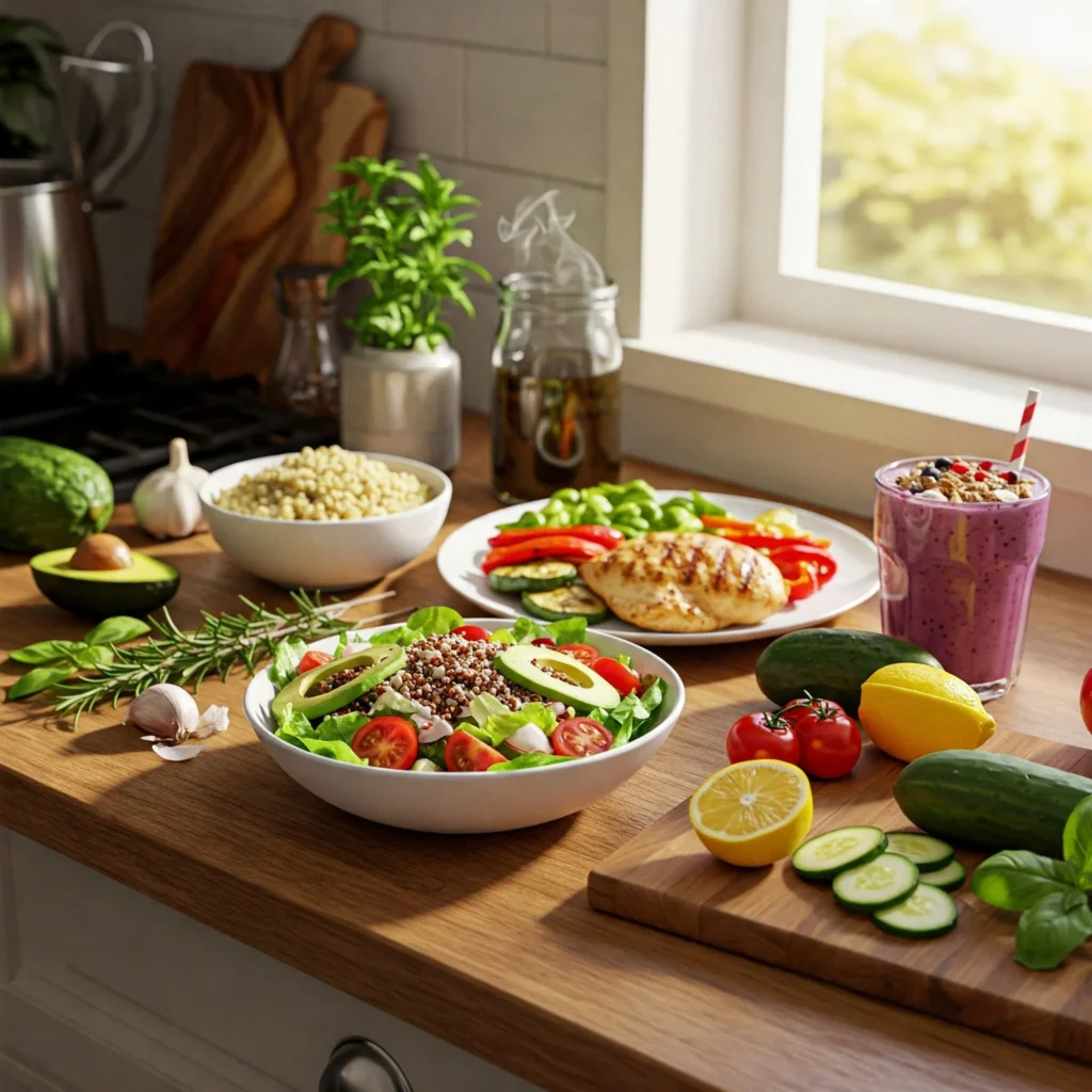 A colorful and healthy meal spread in a cozy kitchen, featuring a salad, grilled chicken, roasted vegetables, and smoothie bowl.