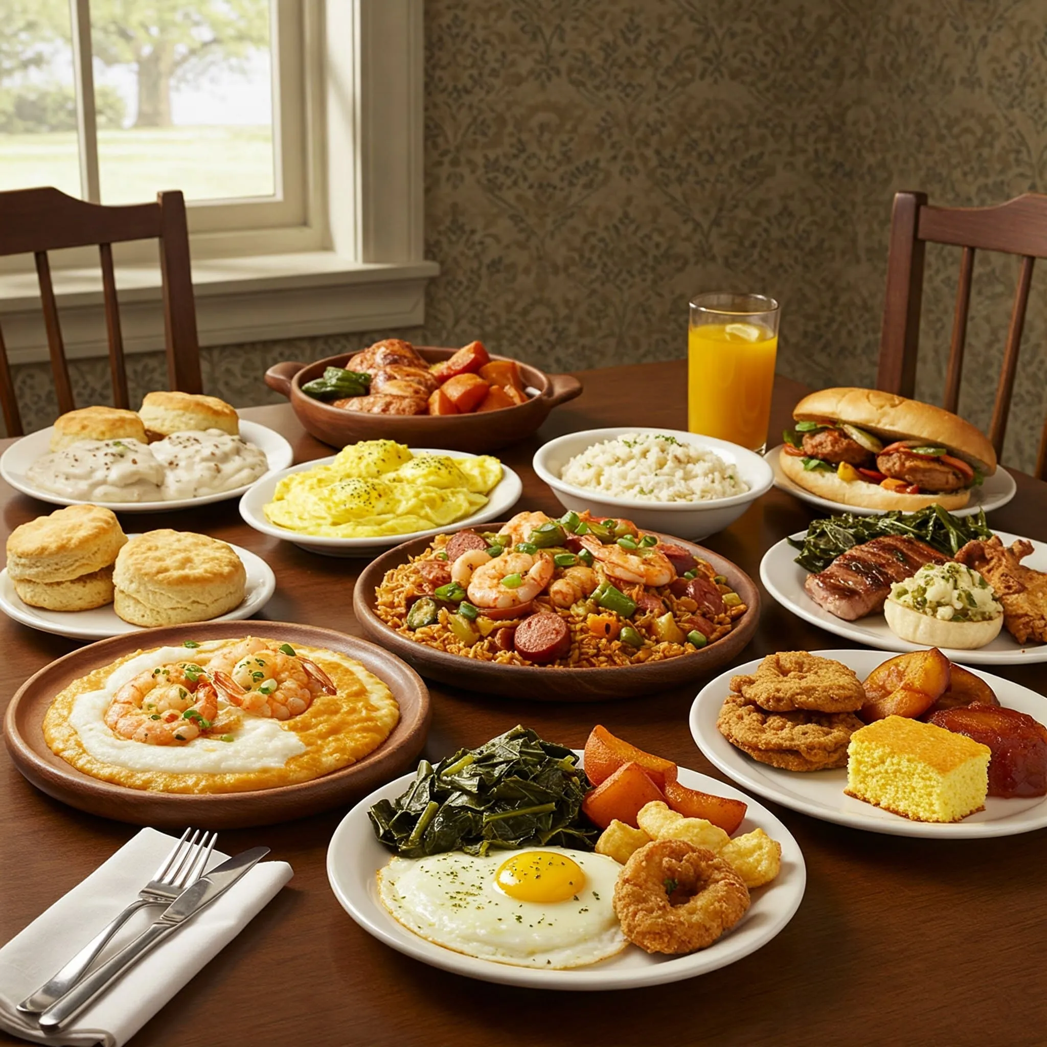 A delicious Southern comfort food spread featuring biscuits and gravy, creamy grits with shrimp, jambalaya, gumbo, shrimp étouffée, po' boys, veggie gumbo, collard greens, fried green tomatoes, and cornbread in a warm, rustic setting.