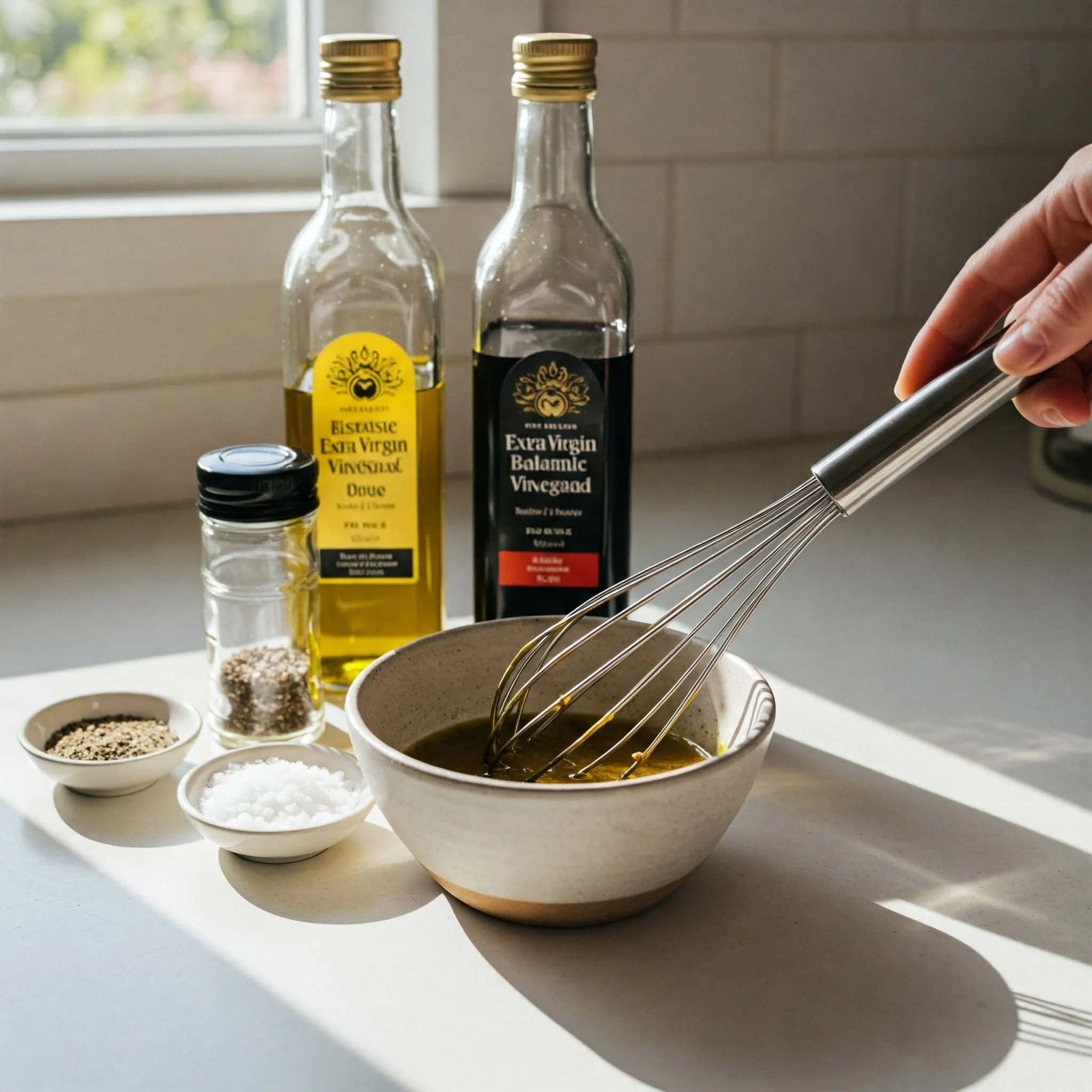 A small bowl with a whisk, olive oil, balsamic vinegar, salt, and pepper arranged for preparing a salad dressing.