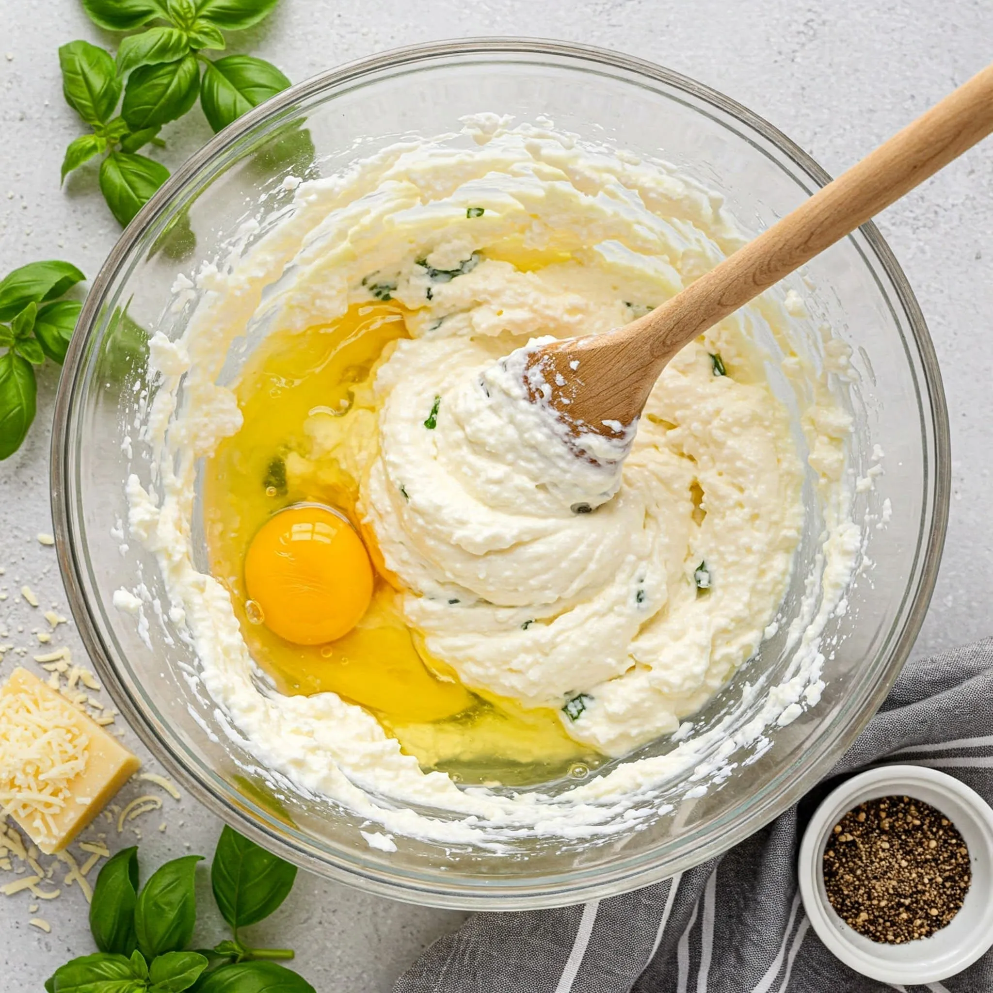 A mixing bowl with ricotta, mozzarella, Parmesan, egg, and chopped basil, preparing the filling for manicotti.