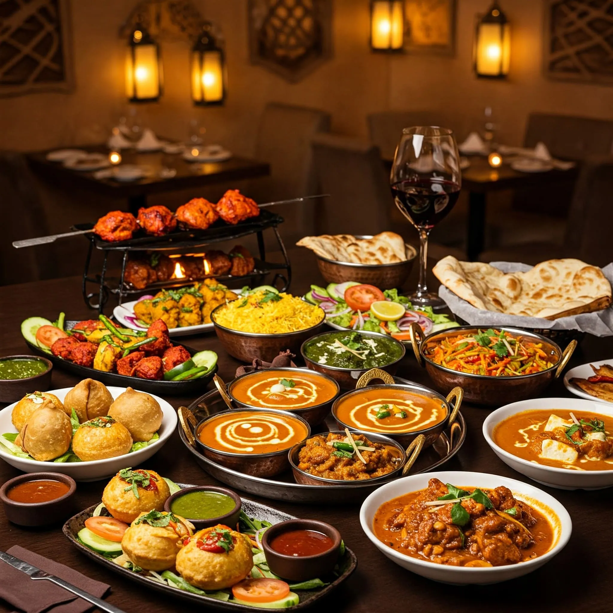 A beautifully arranged table with classic Indian dishes, including Butter Chicken, Tikka Masala, Rogan Josh, Palak Paneer, Chana Masala, Aloo Gobi, samosas, pani puri, and freshly baked naan.