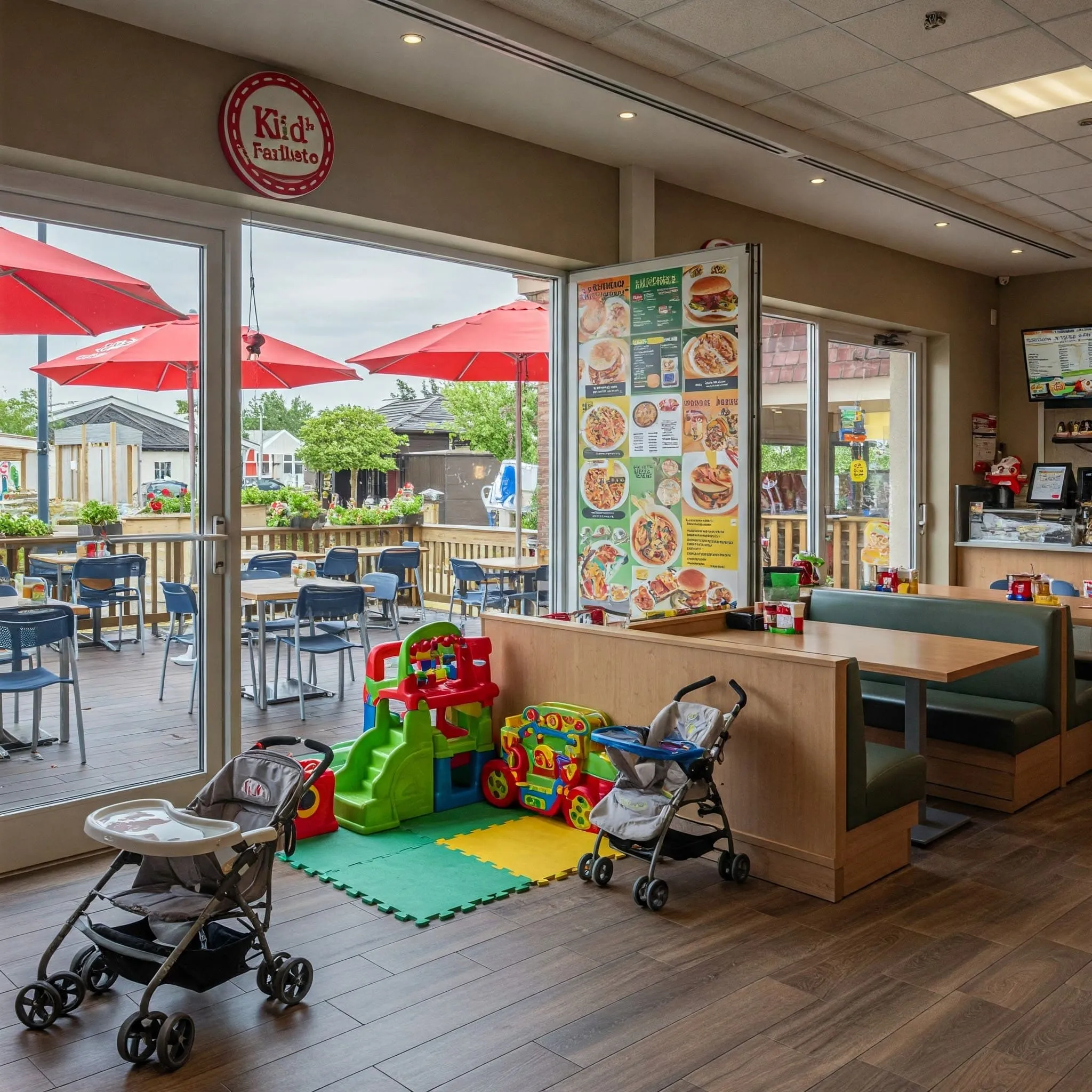 Family-Friendly Restaurant with Outdoor Seating and Play Area(1)_11zon (1) Family-friendly restaurant with spacious seating, a colorful play area, and an outdoor patio for dining.