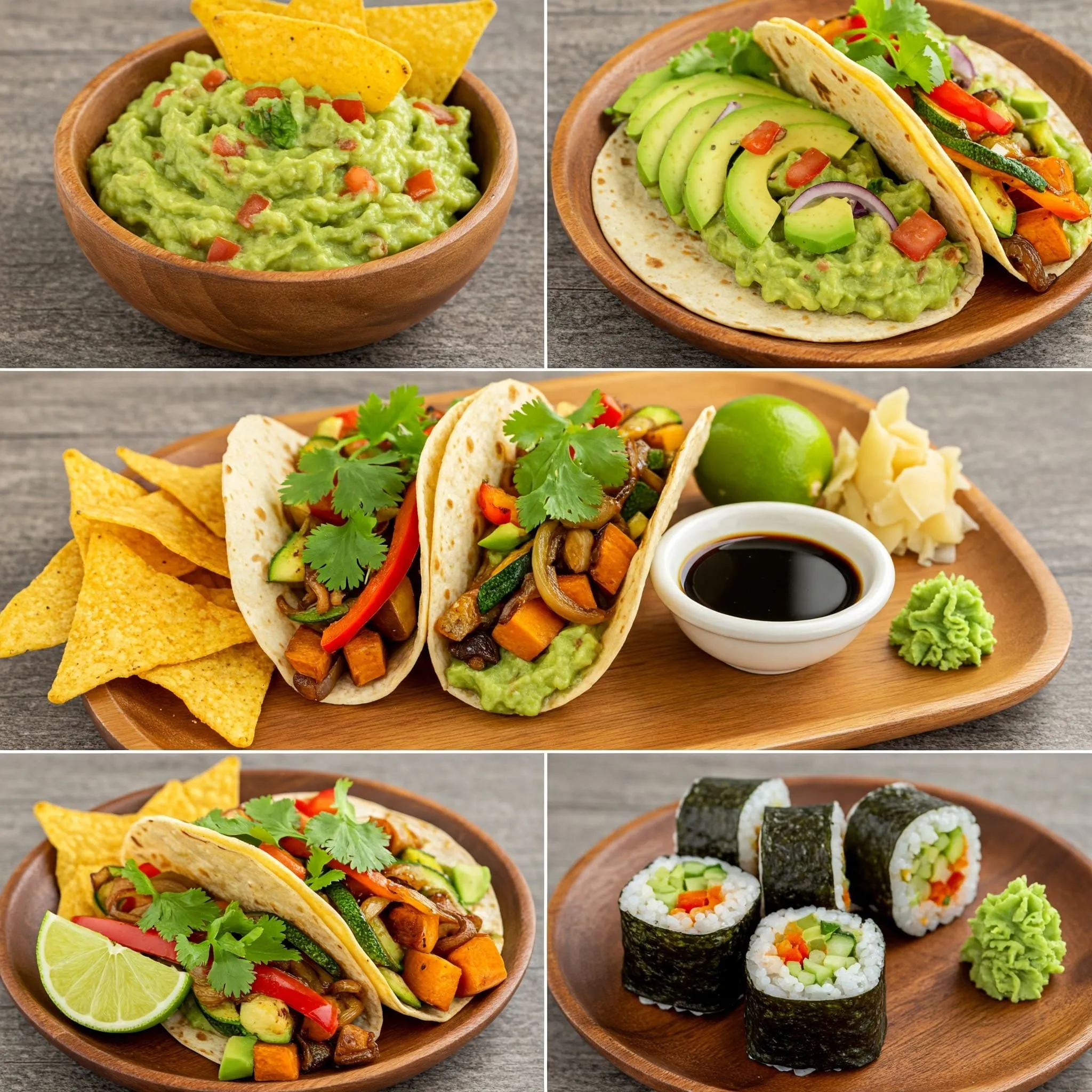 A variety of plant-based avocado dishes including vegan guacamole with tortilla chips, veggie tacos with avocado, and avocado sushi rolls.