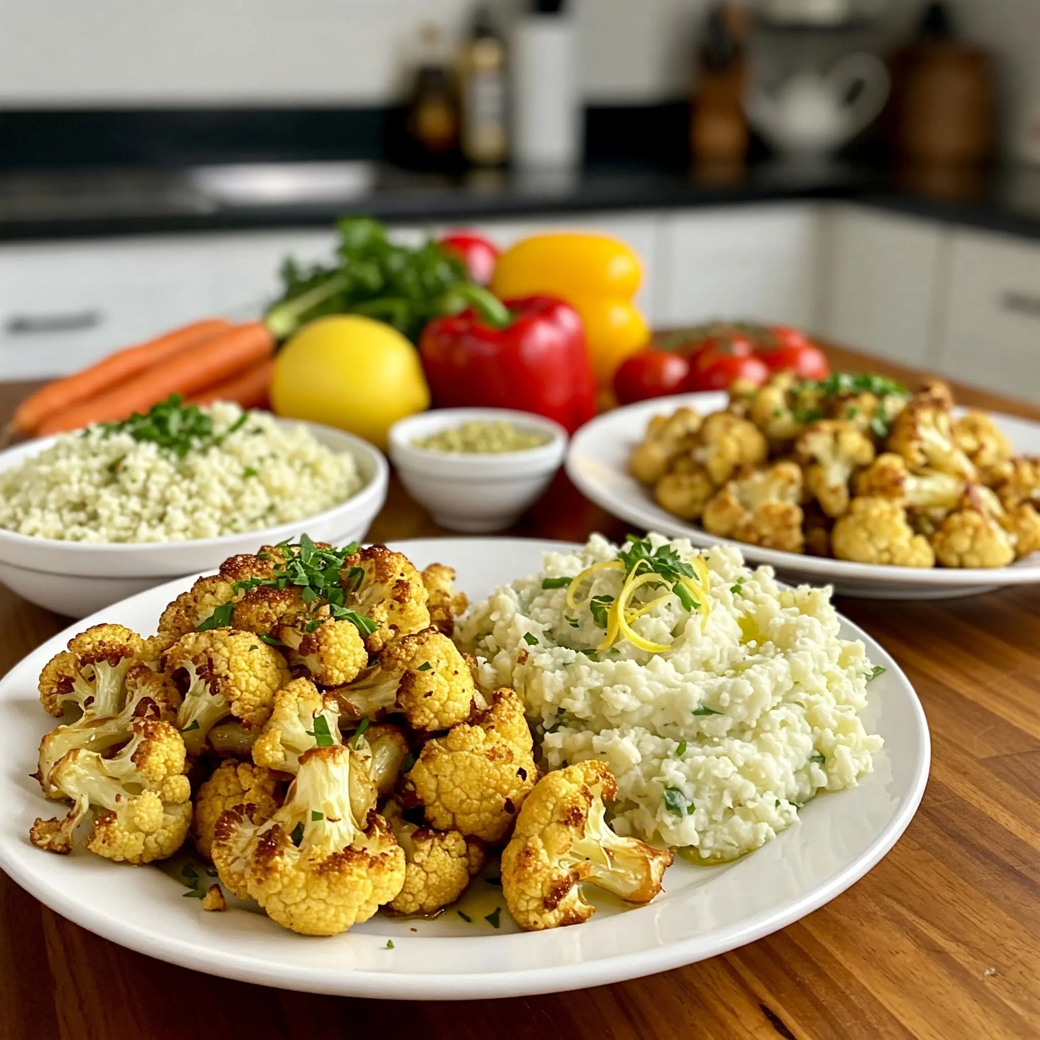 A healthy and vibrant weeknight meal featuring roasted cauliflower, cauliflower rice, and mashed cauliflower, served with colorful vegetables.