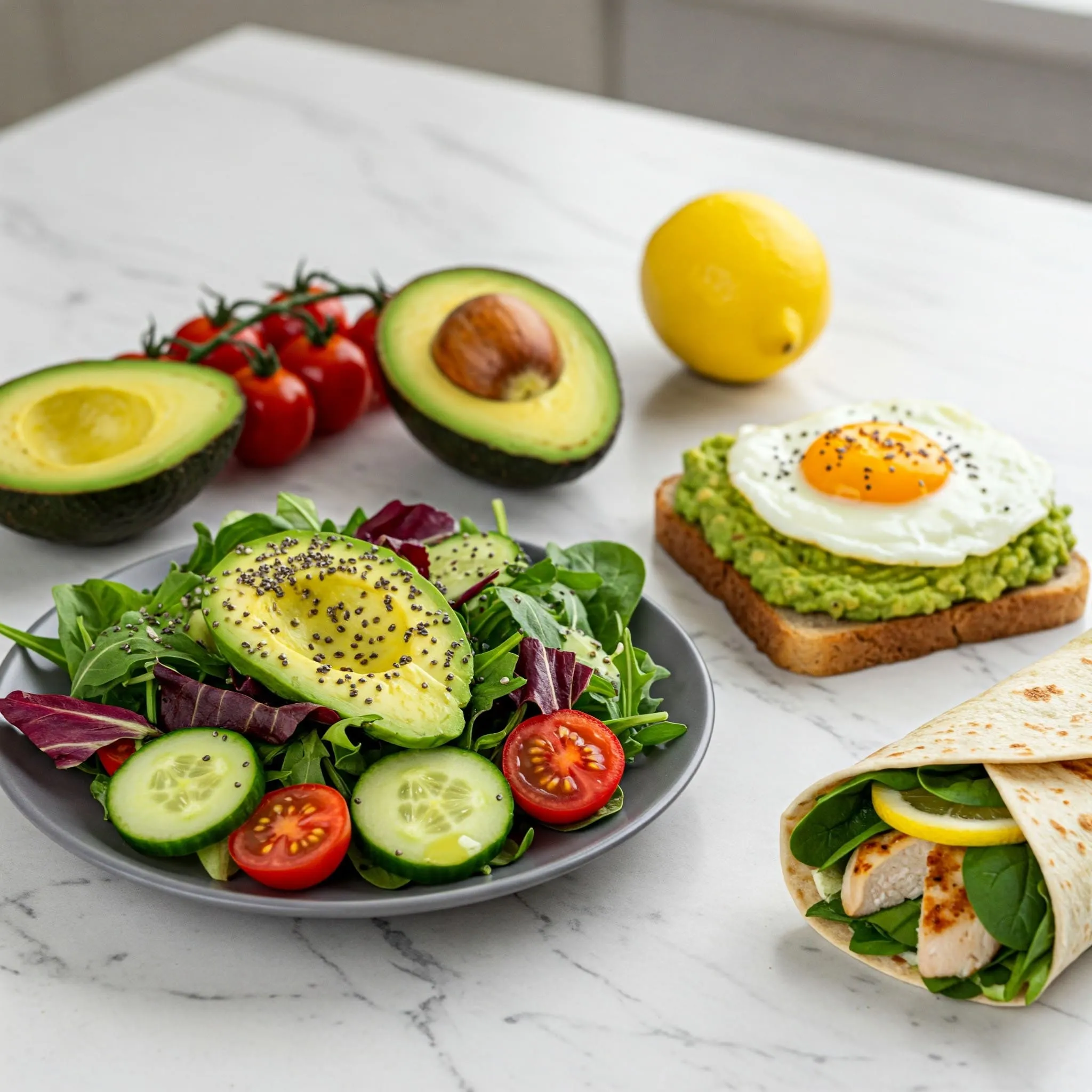 A variety of weight-loss-friendly avocado dishes including a colorful avocado salad, avocado toast with egg, and an avocado wrap with fresh veggies and lean protein.

