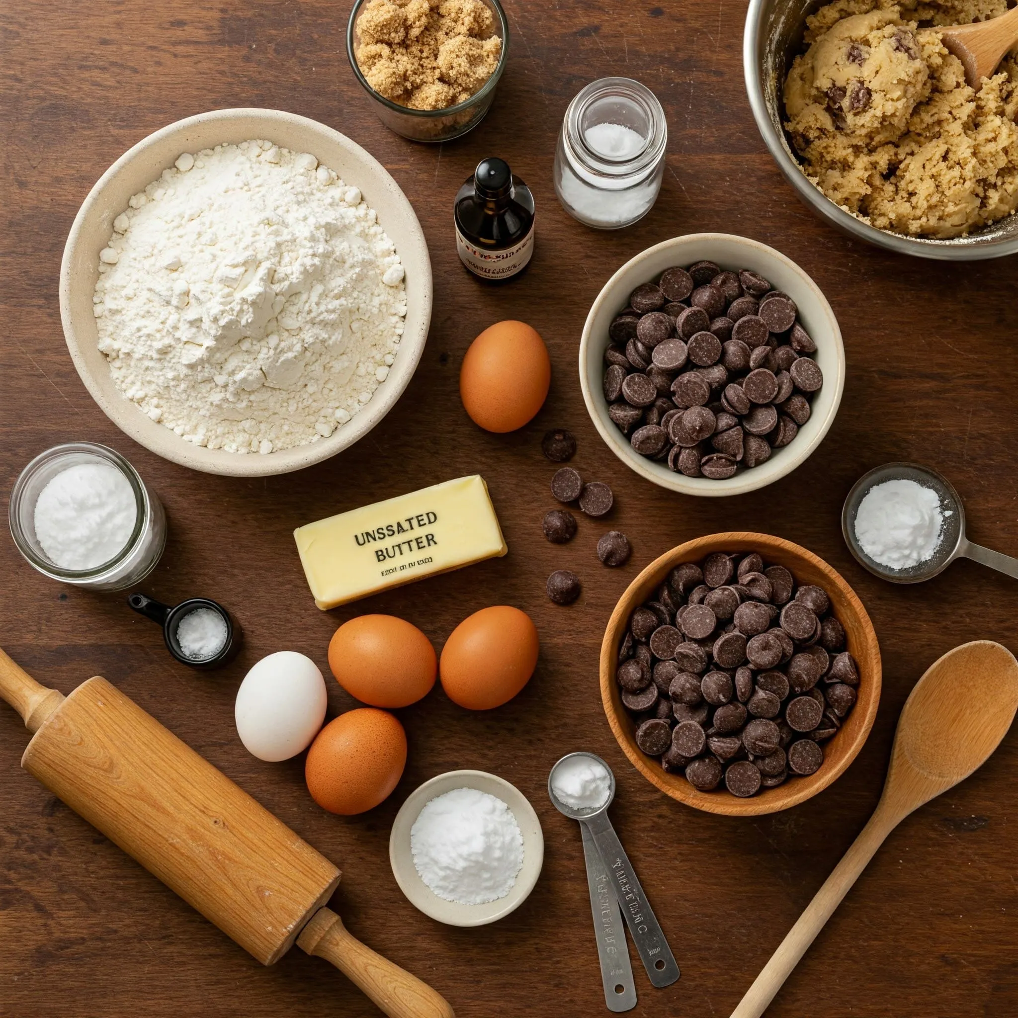 Ingredients for homemade chocolate chip cookies arranged on a rustic kitchen countertop: flour, butter, sugar, eggs, chocolate chips, and more.