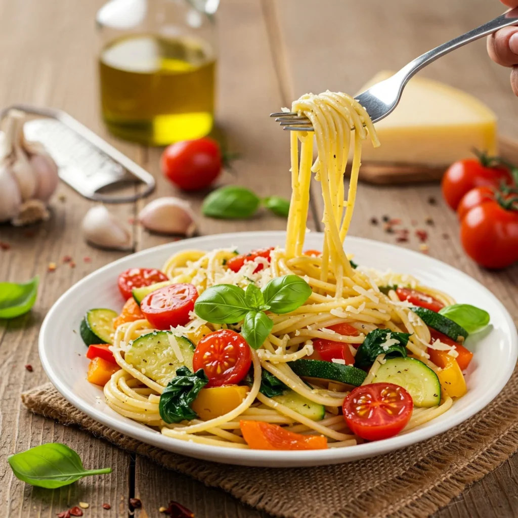 A plate of vegetarian pasta with spaghetti, cherry tomatoes, zucchini, bell peppers, and spinach, garnished with fresh basil and Parmesan cheese.