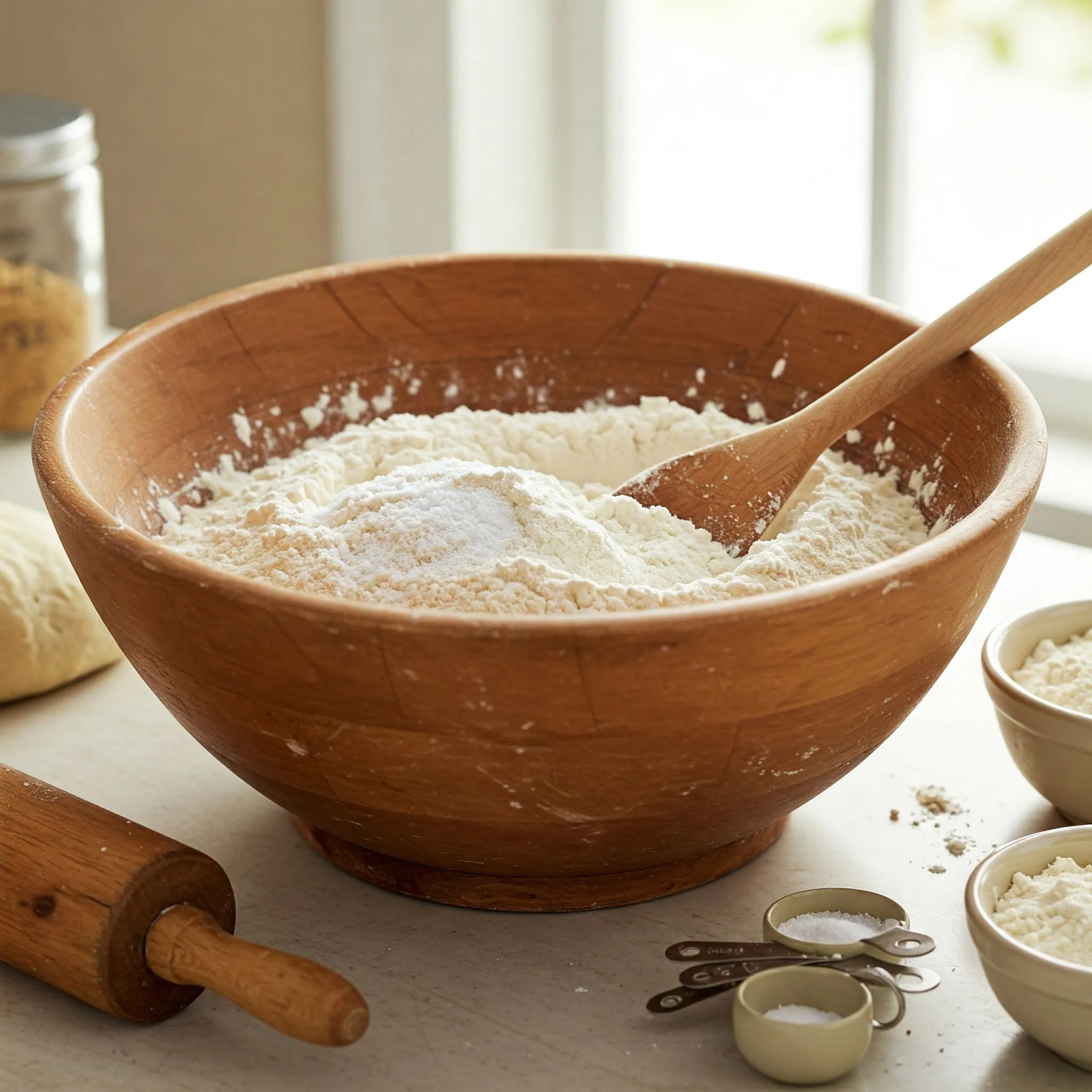 Dough rising in a bowl covered with a cloth in a warm kitchen, ready for its first rise.