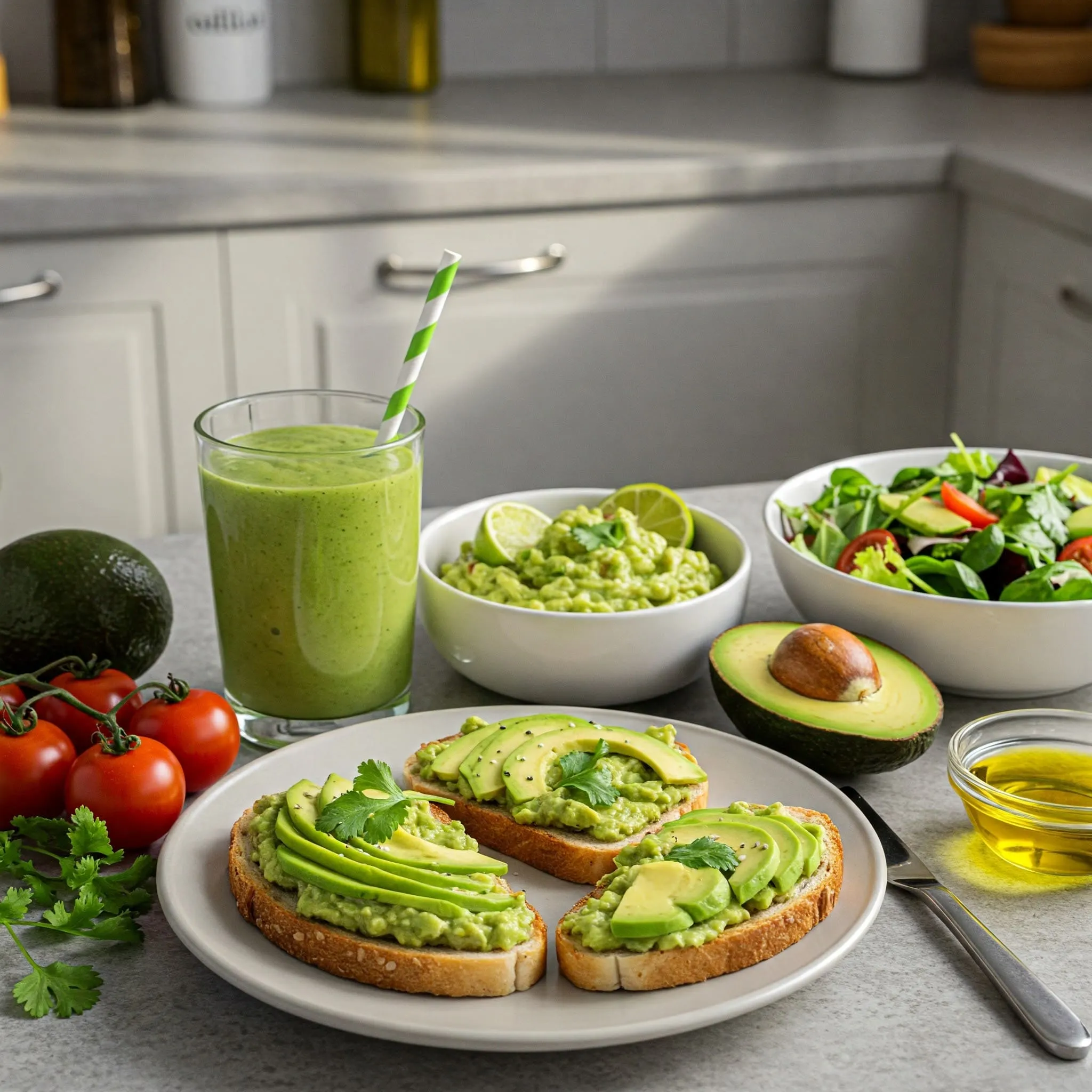 A variety of avocado dishes including avocado toast, guacamole, salad, and a green avocado smoothie on a bright kitchen counter with fresh ingredients.

