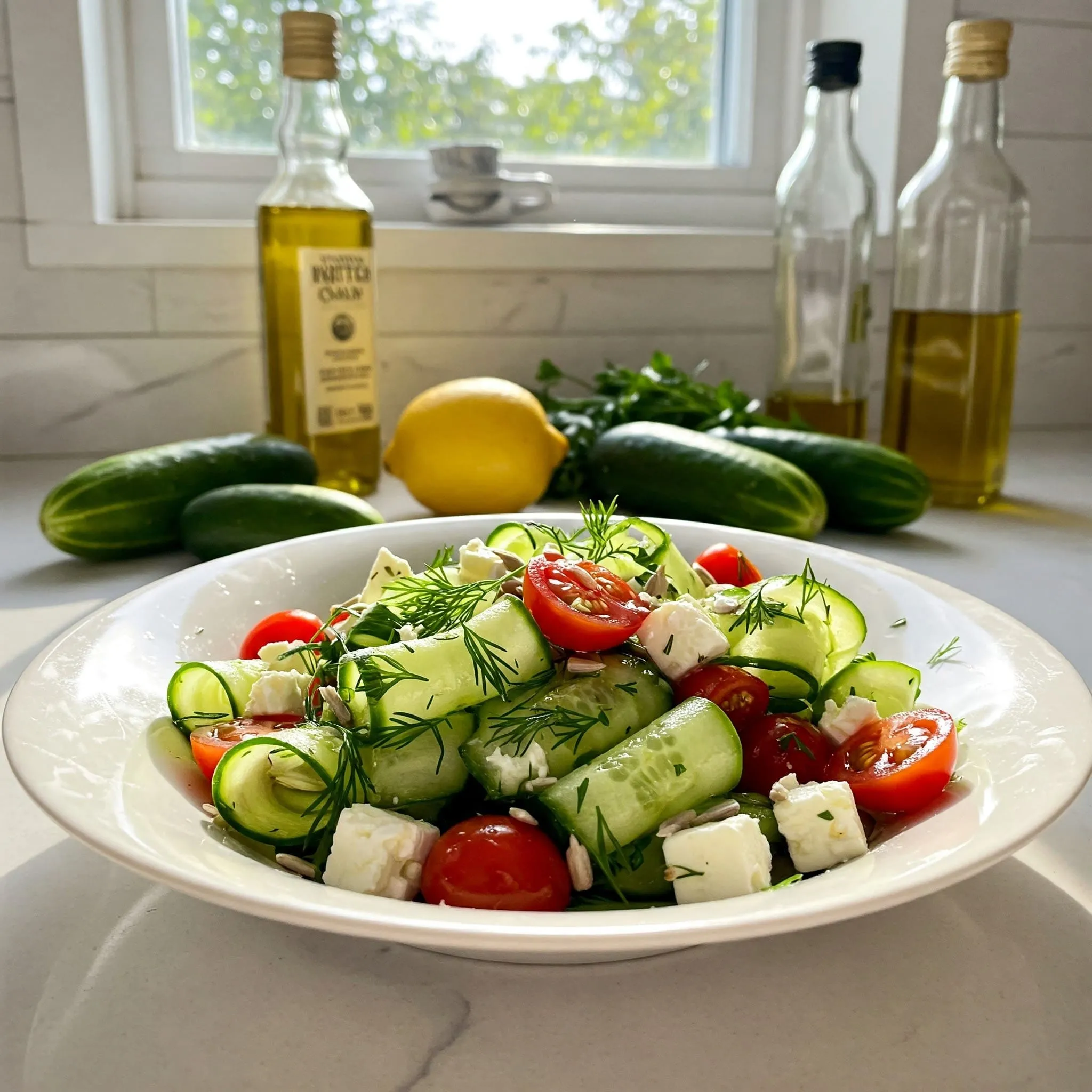 Fresh cucumber salad with tomatoes, herbs, and light dressing in a bright, airy kitchen.