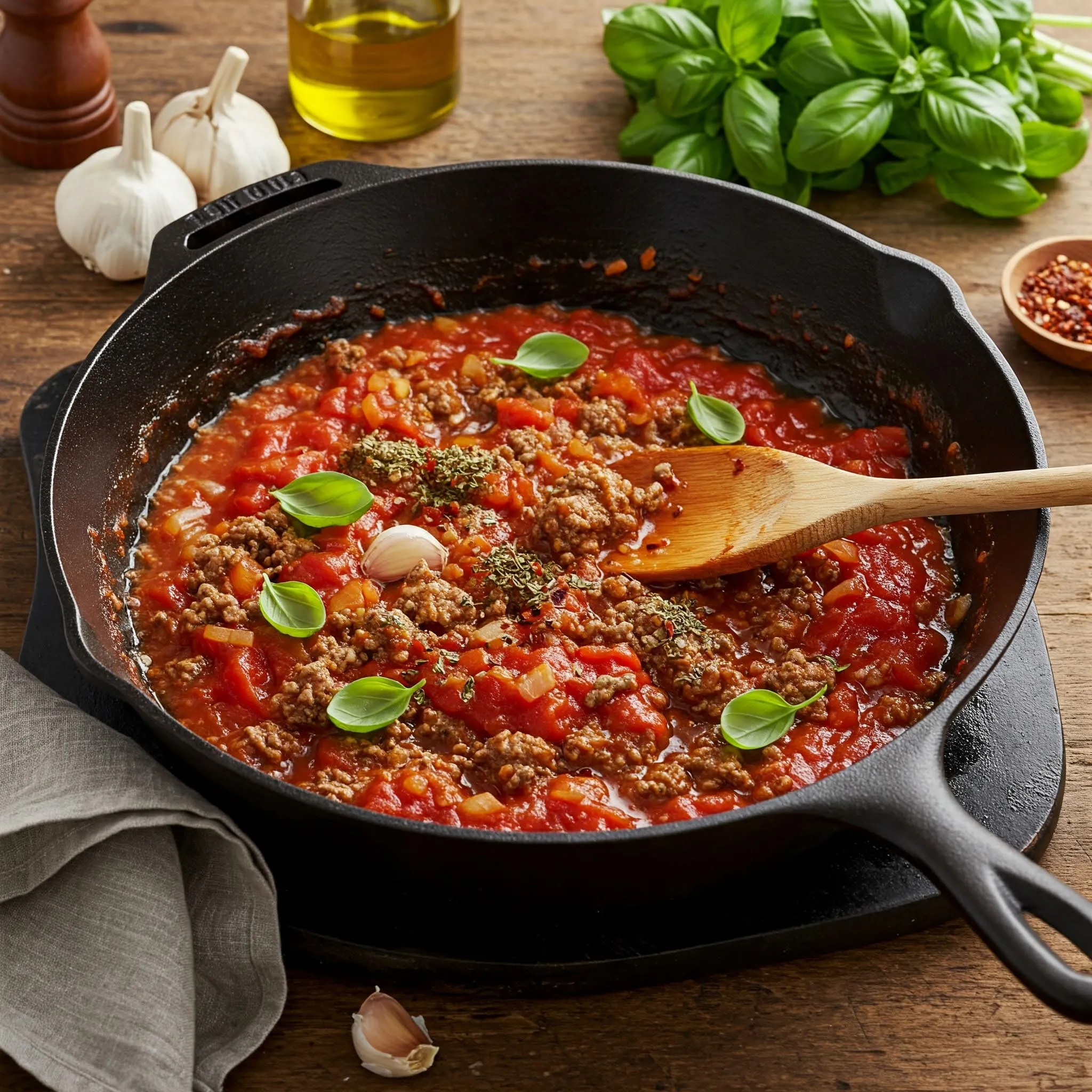 Simmering marinara sauce with ground beef, garlic, onions, and herbs in a skillet