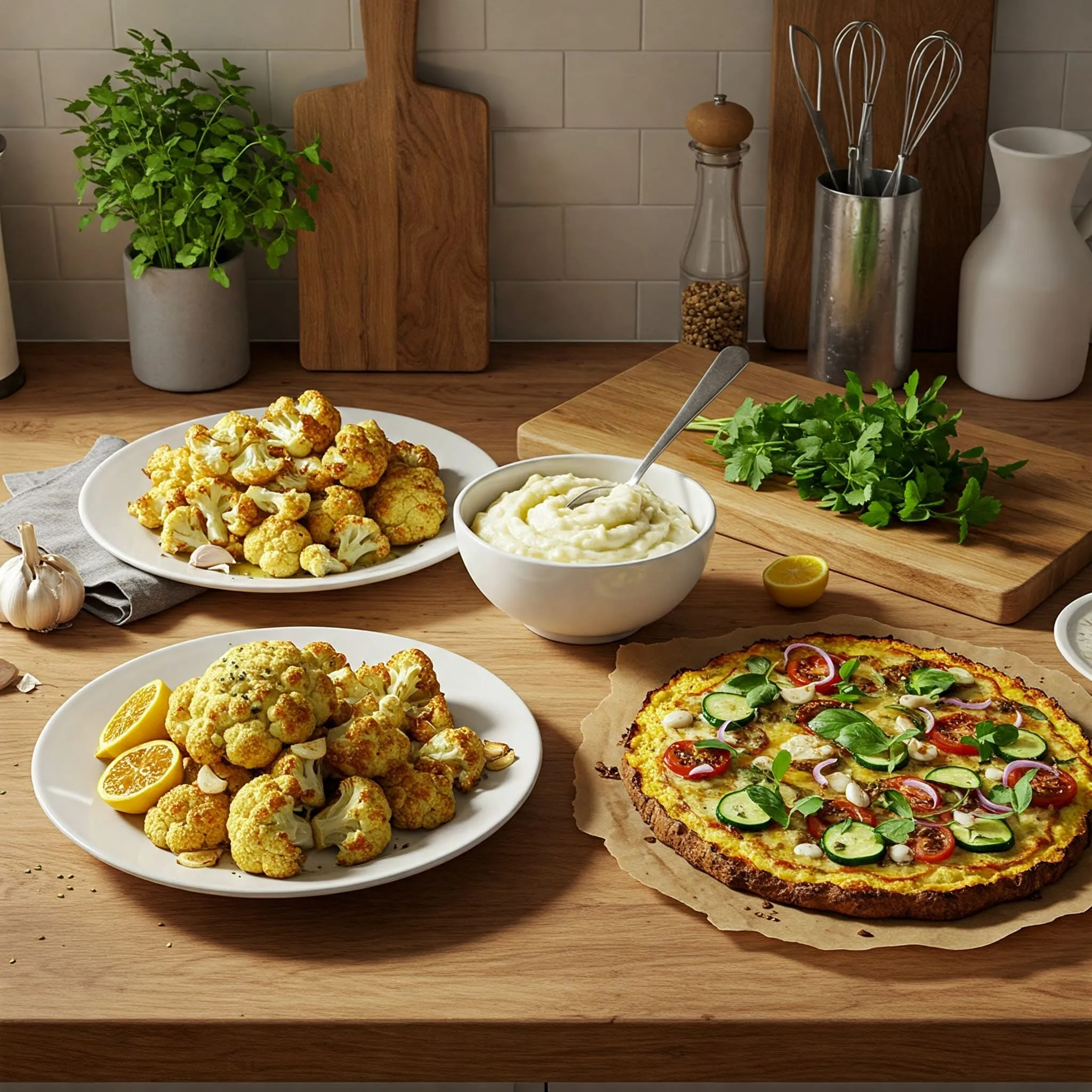 Cozy kitchen with three cauliflower-based dishes: roasted cauliflower with garlic and lemon, creamy cauliflower mash, and a cauliflower pizza crust ready to bake.